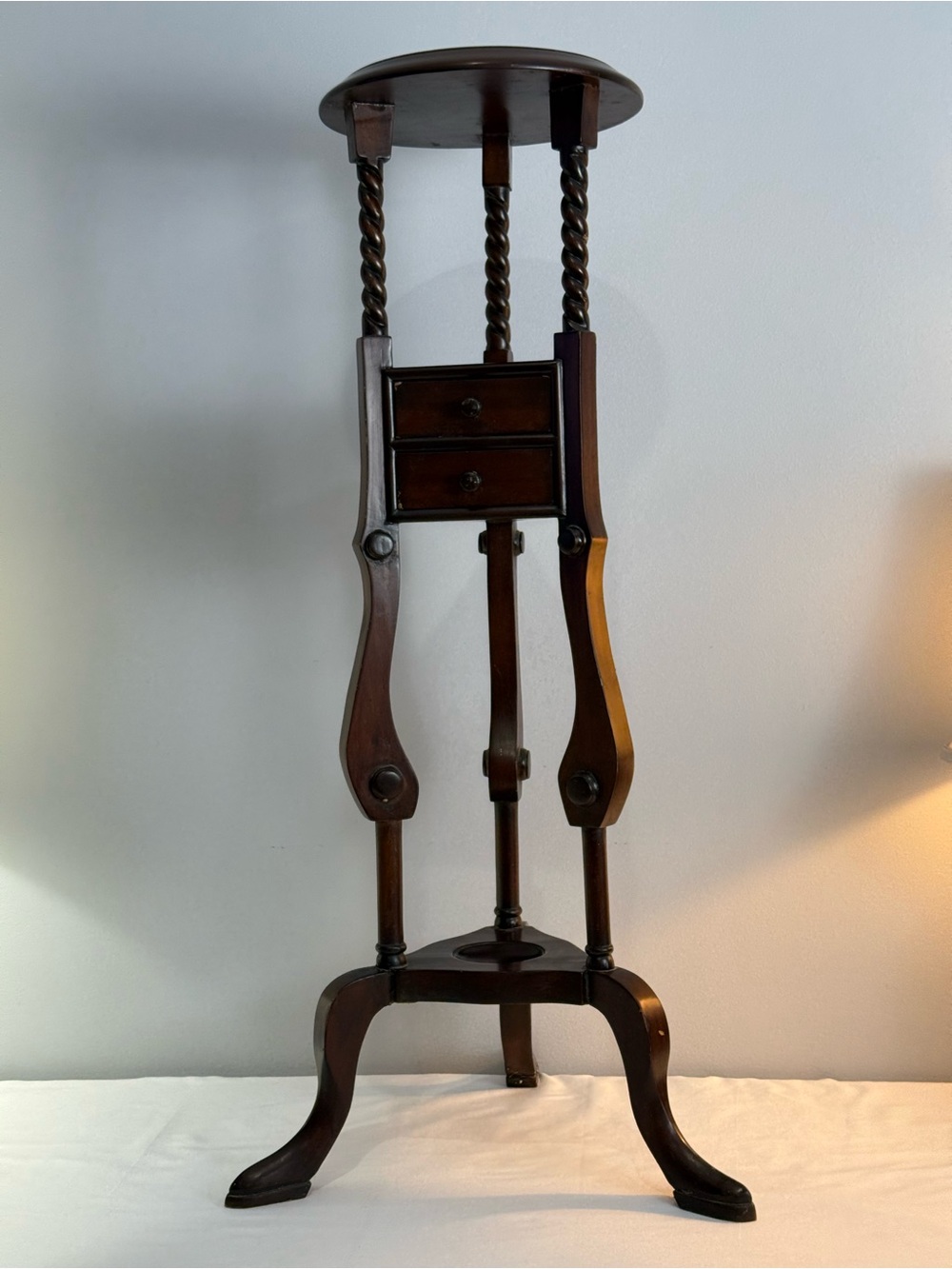 Victorian Mahogany Plant Stand Features Barley Twist  Legs & Two Small Drawers